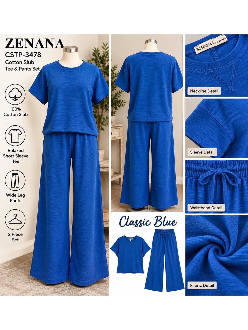 Zenana Classic Blue Set Cotton Slub Tee and Wide-Leg S/M/L